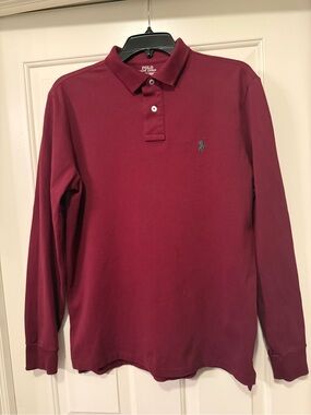 Polo by Ralph Lauren Long Sleeve Polo Shirt - Maroon with Green Logo in Size S